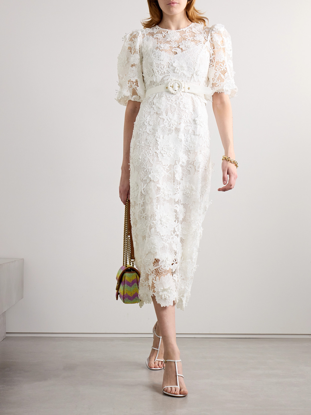 Zimmermann Halliday Belted Recycled-guipure Lace Midi Dress In Ivory