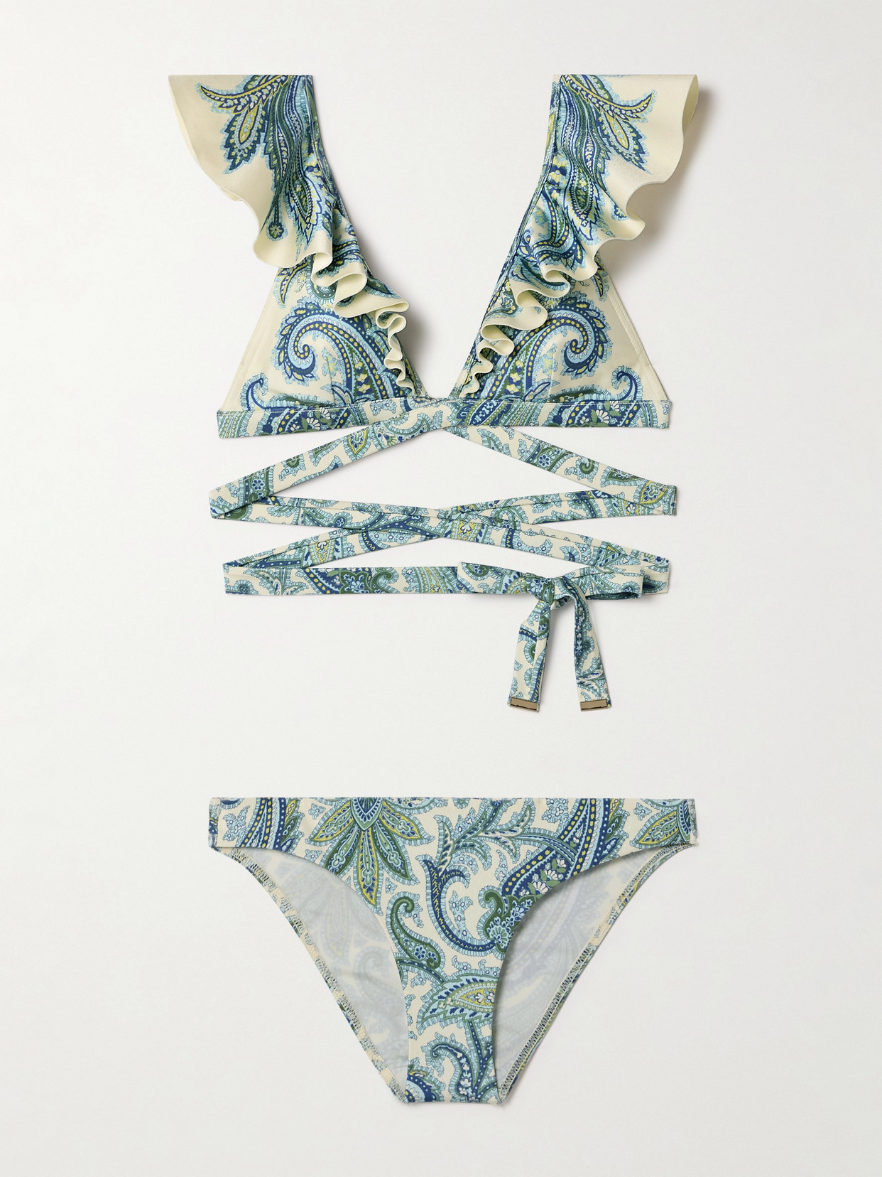 Zimmermann Ottie Wrap Ruffle Bikini Set In Green Paisley In Green