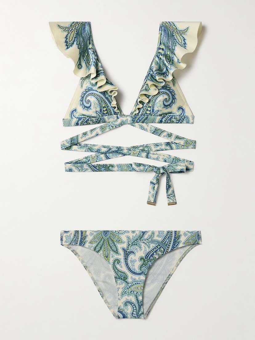 Zimmermann Ottie Tie-front Ruffled Paisley-print Bikini