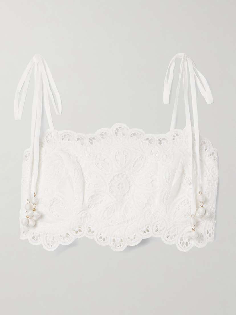 Zimmermann Ottie Bead-embellished Cropped Cotton Guipure Lace Top