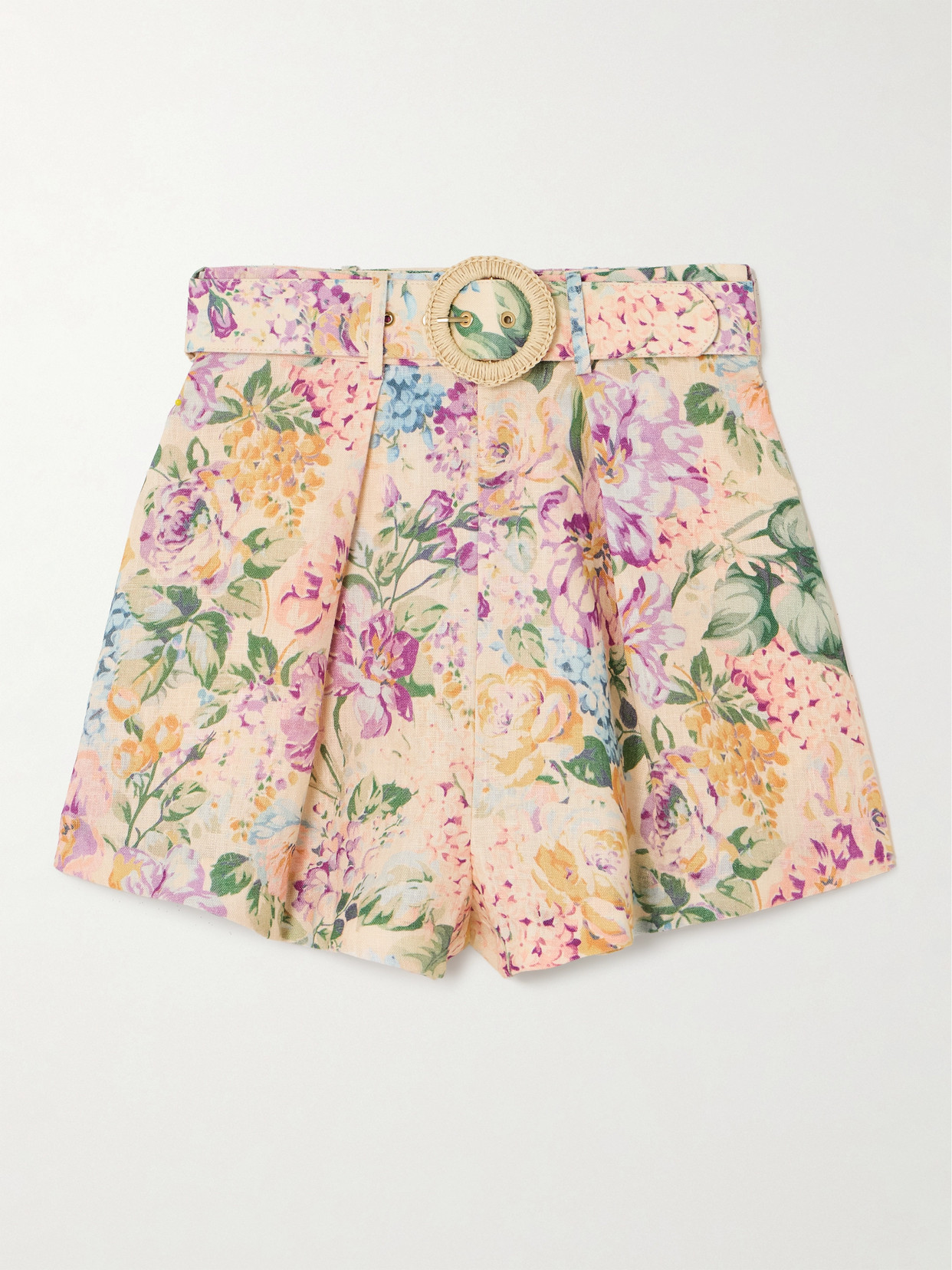 Zimmermann Halliday Belted Pleated Floral-print Linen Shorts In Multicolour