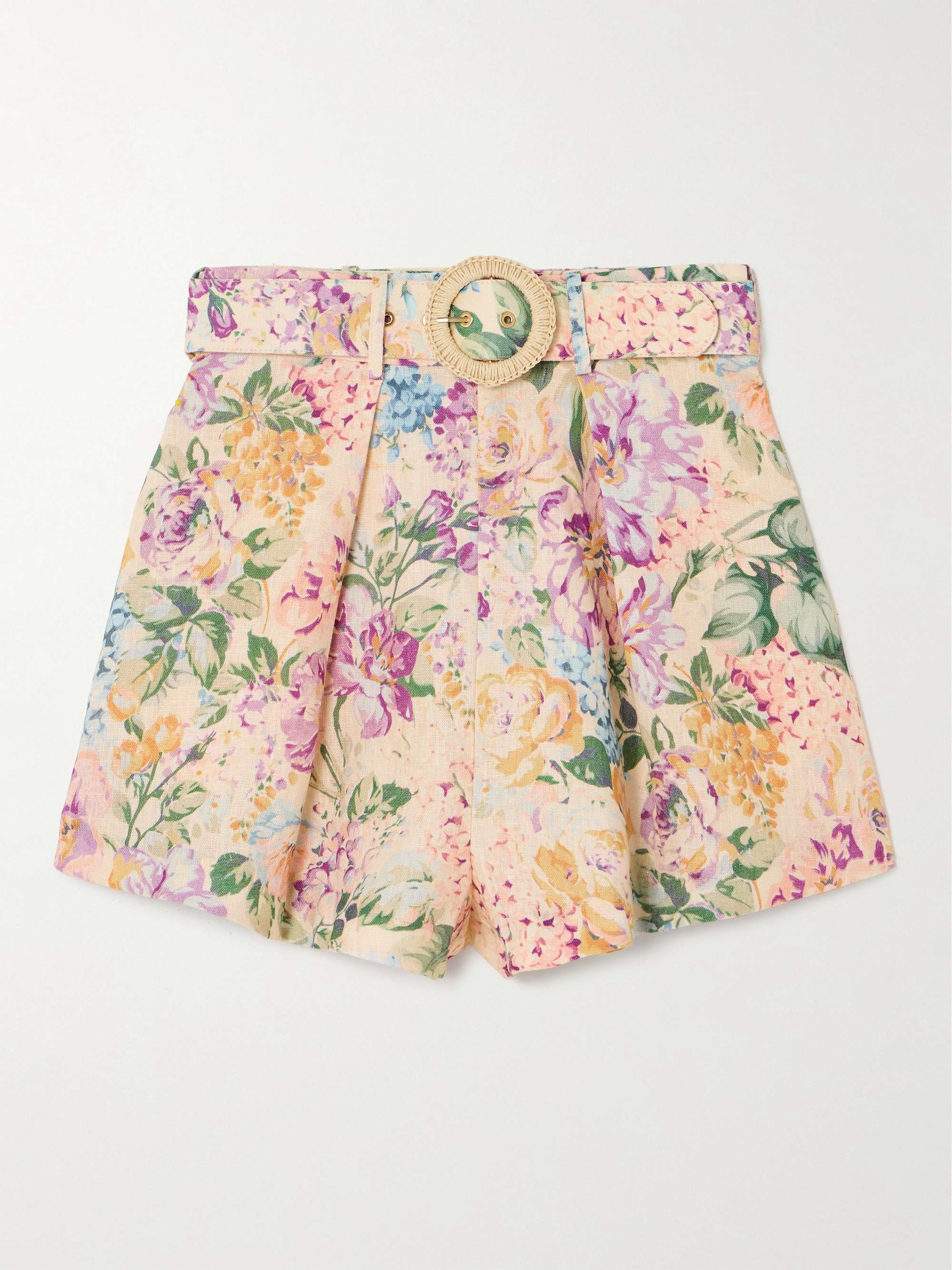 ZIMMERMANN Halliday belted pleated floral-print linen shorts