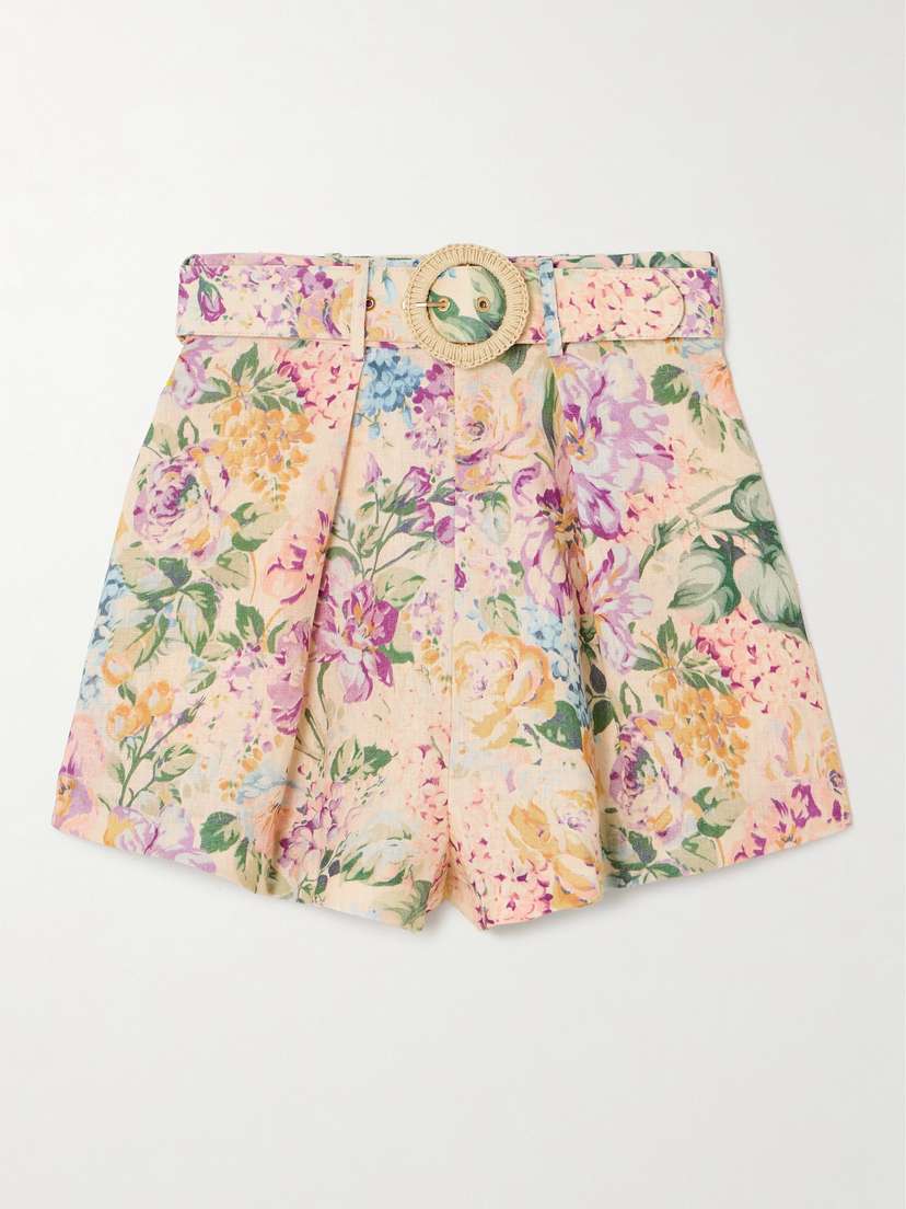 Zimmermann Halliday Belted Pleated Floral-print Linen Shorts