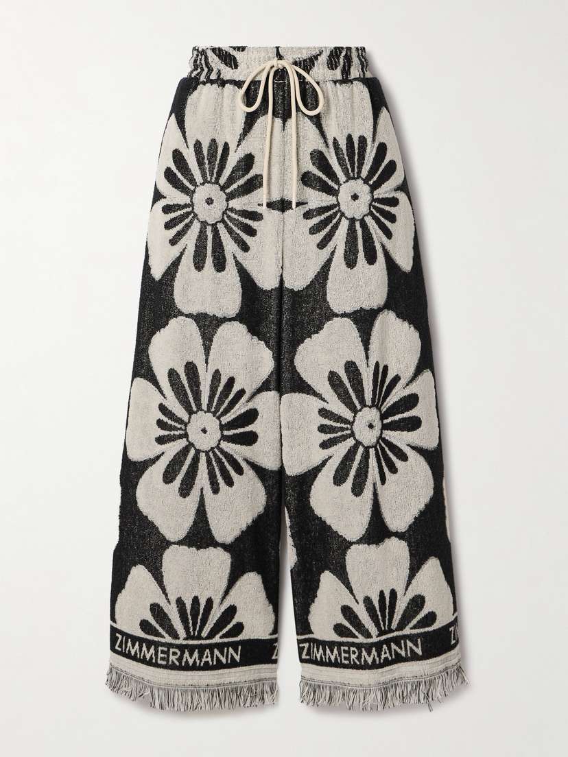 Zimmermann Halliday Cropped Fringed Cotton-terry Jacquard Wide-leg Pants
