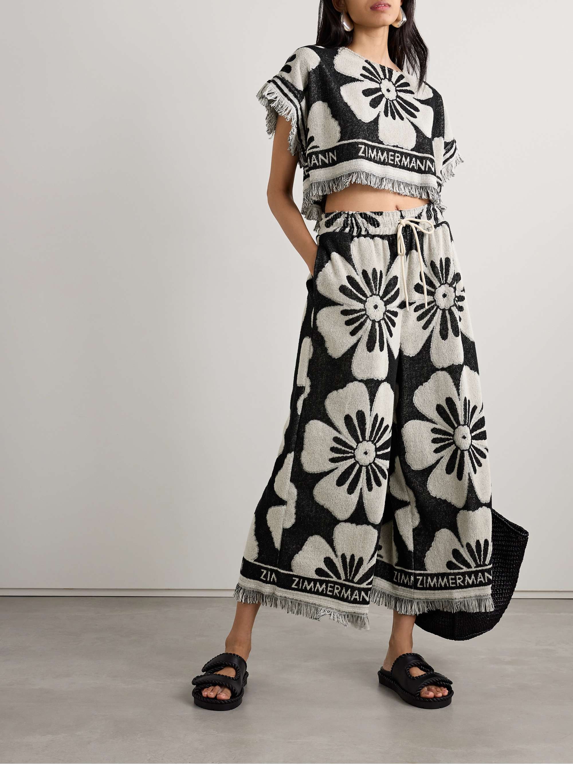 ZIMMERMANN Halliday cropped fringed cotton-terry jacquard wide-leg 