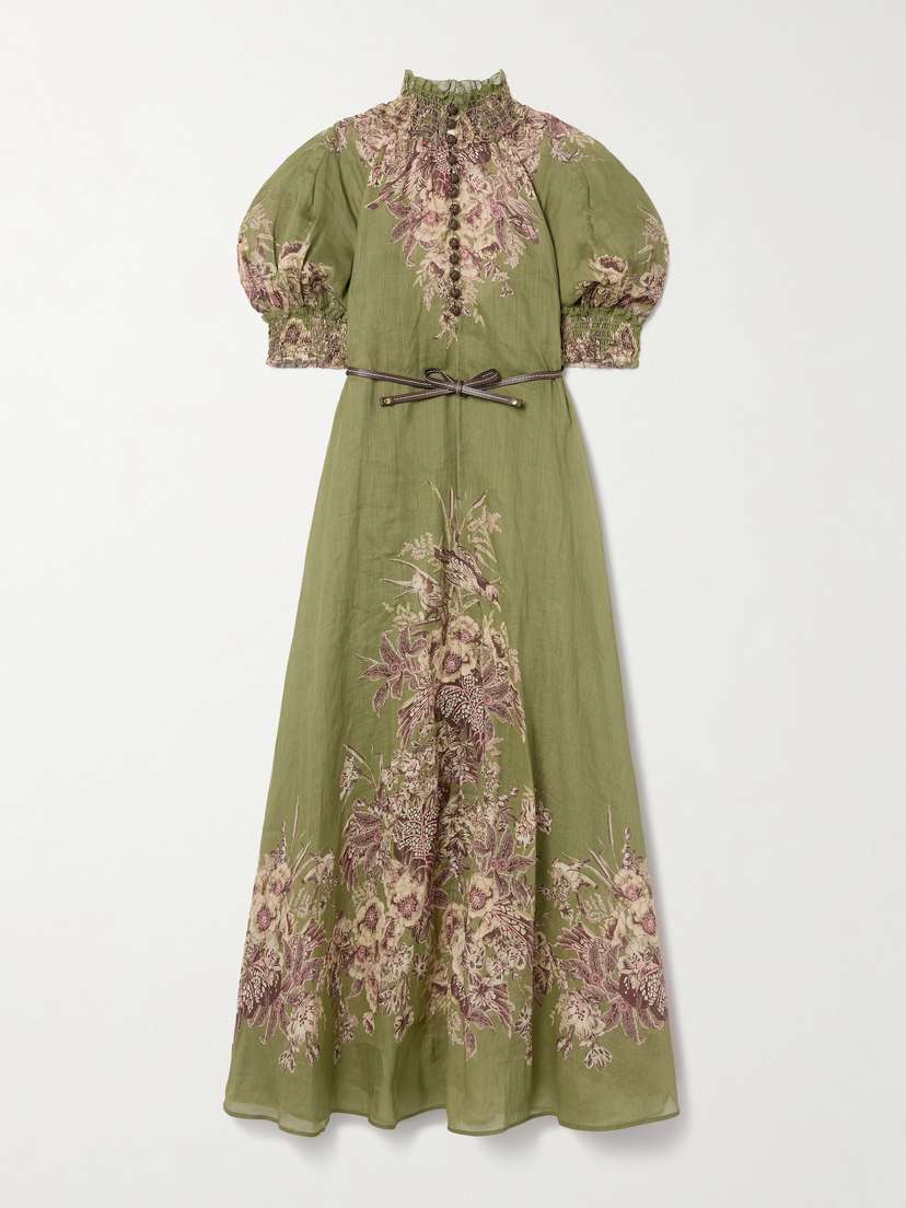Zimmermann Ottie Belted Leather-trimmed Floral-print Ramie Maxi Dress