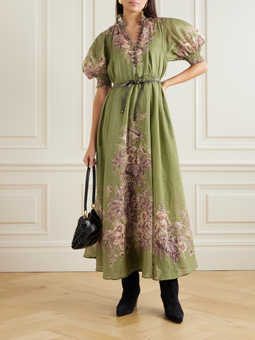 Zimmermann Ottie belted leather-trimmed floral-print ramie maxi dress