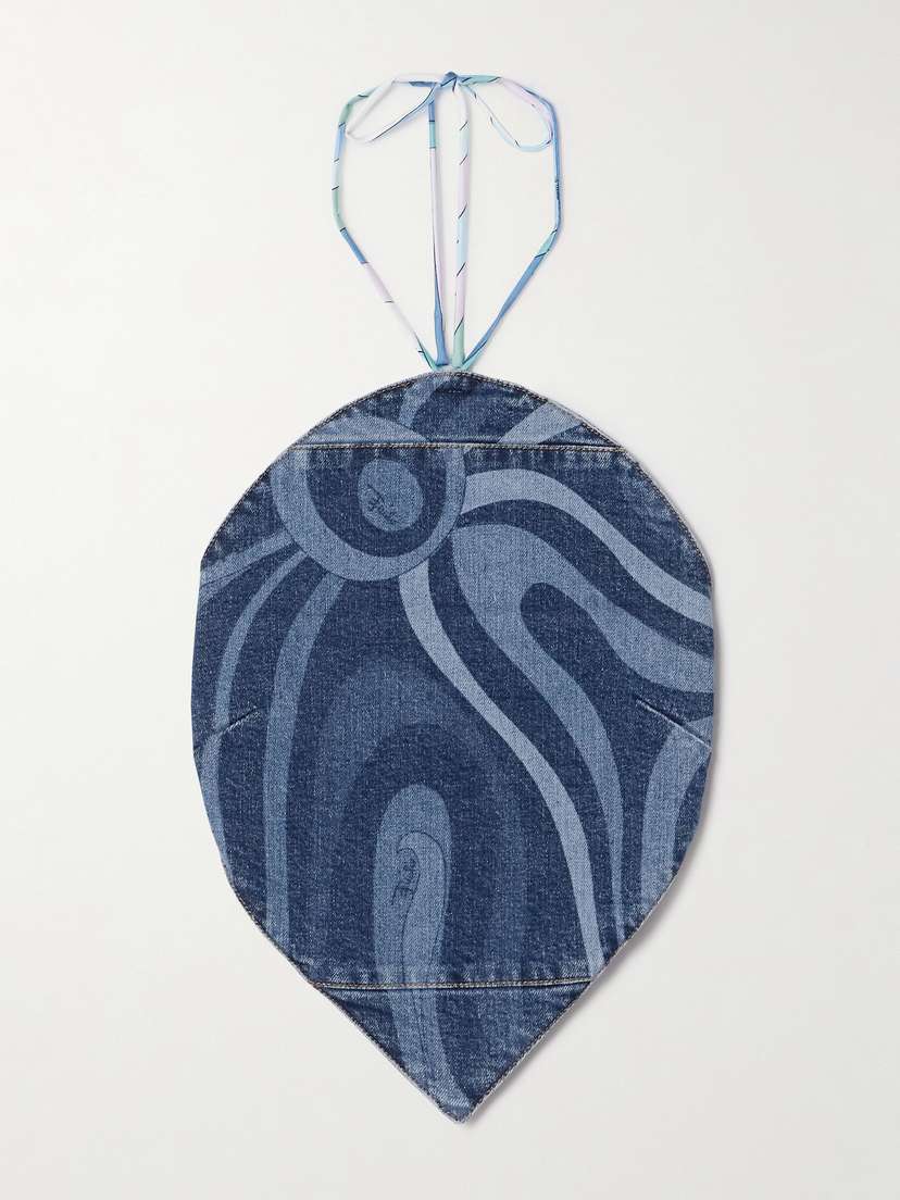 PUCCI Cropped Printed Denim Halterneck Top