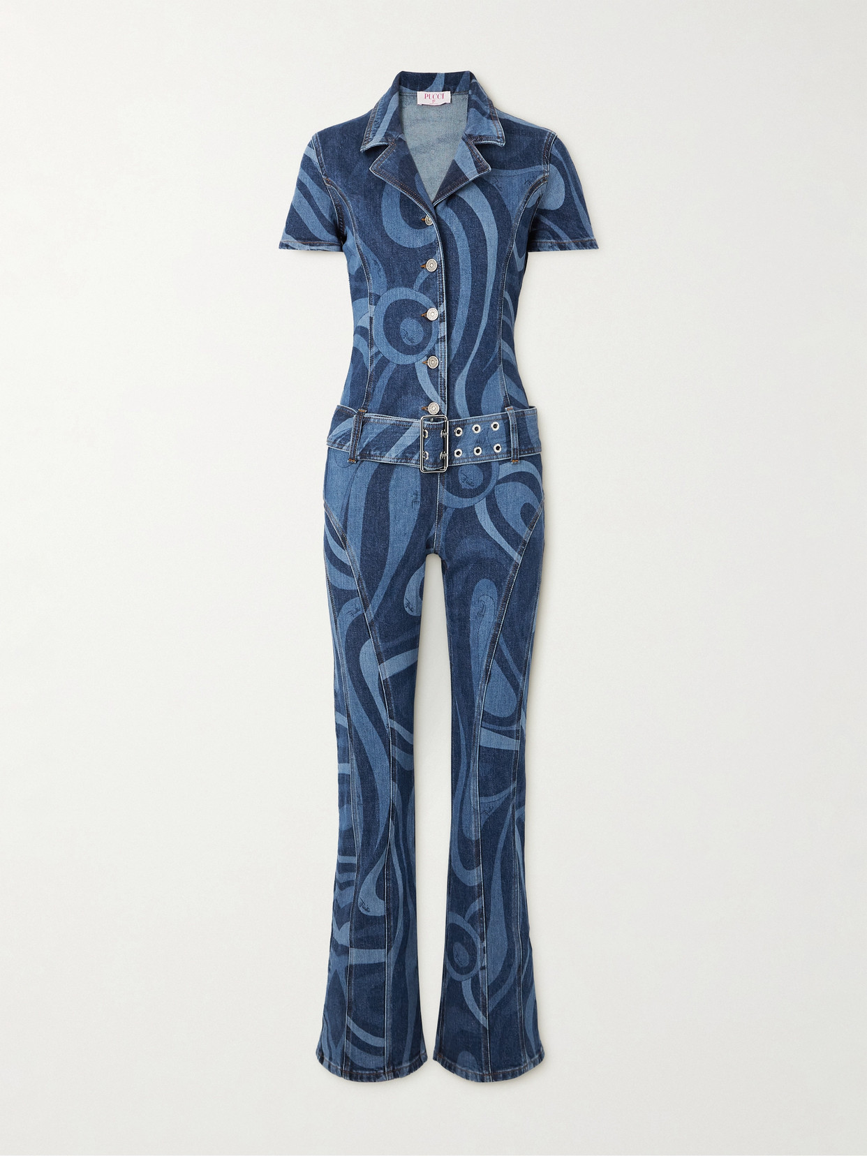 Pucci Belted Printed Denim Jumpsuit In Blue