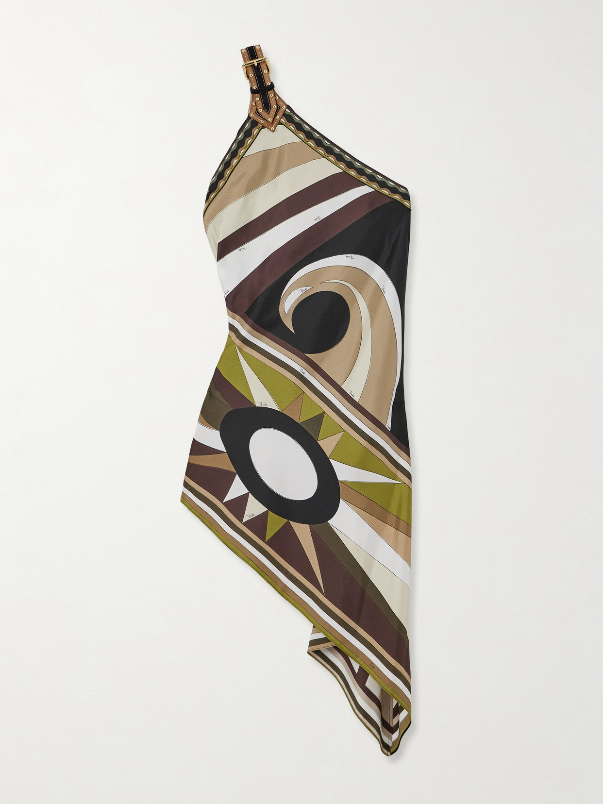 PUCCI - Asymmetric Leather-trimmed Printed Silk-twill Dress - Green