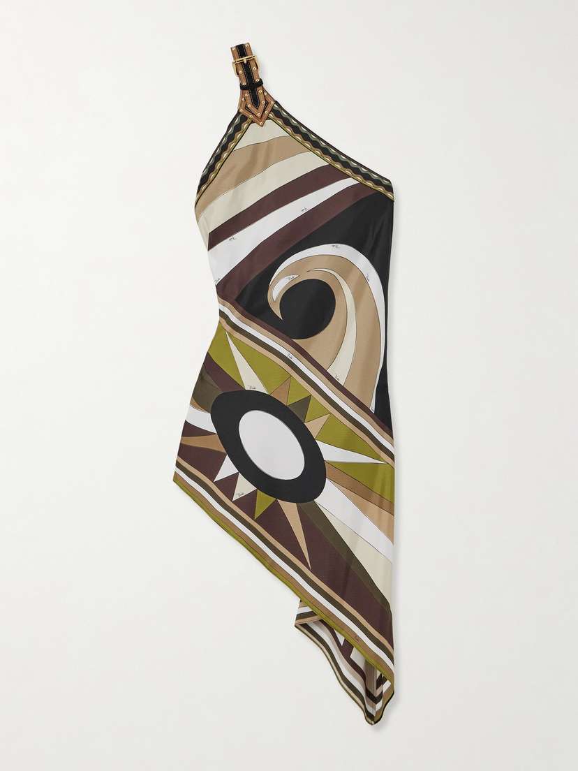 PUCCI Asymmetric Leather-trimmed Printed Silk-twill Dress