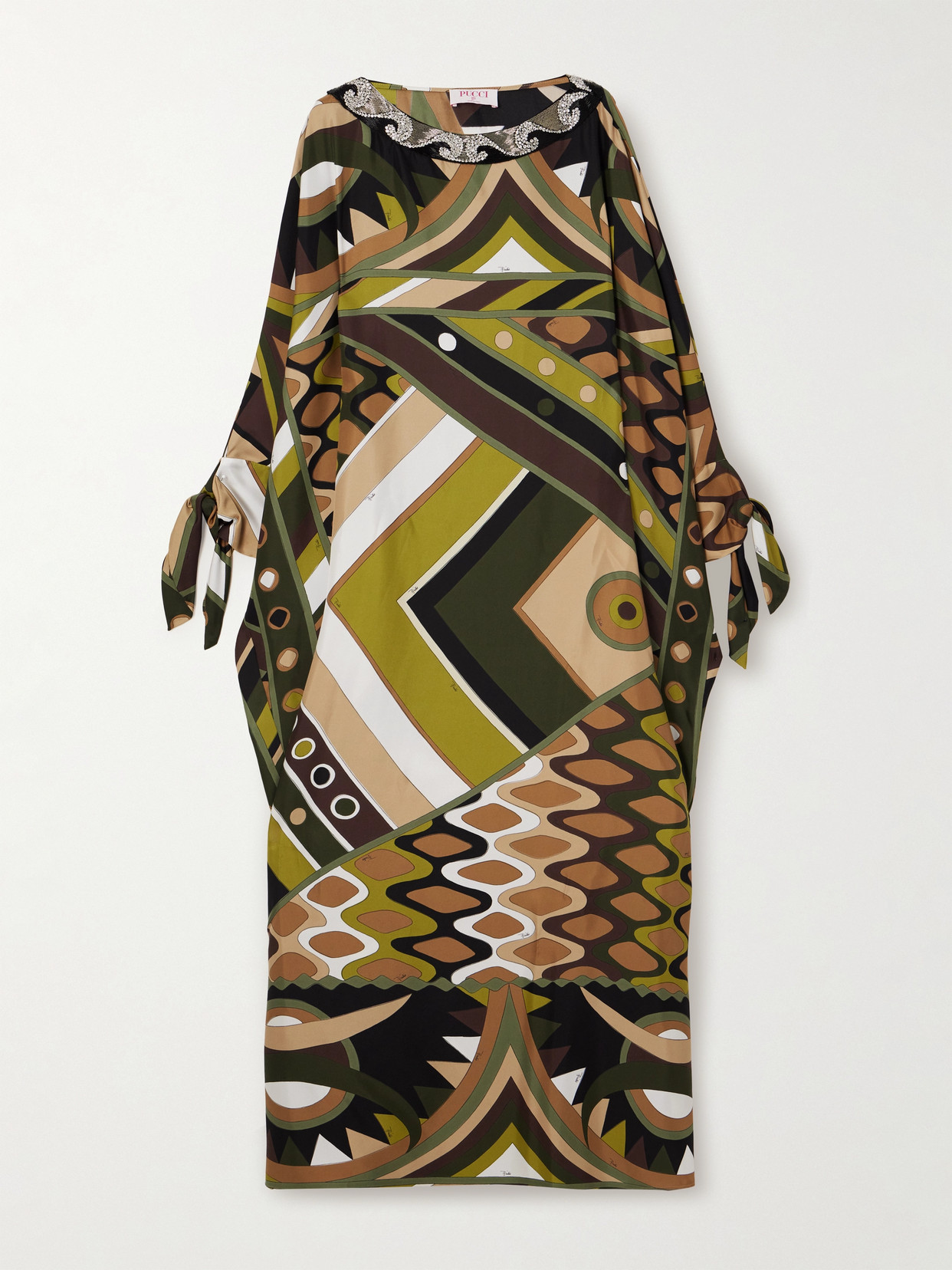 Pucci Bead-embellished Printed Silk-twill Kaftan In Green