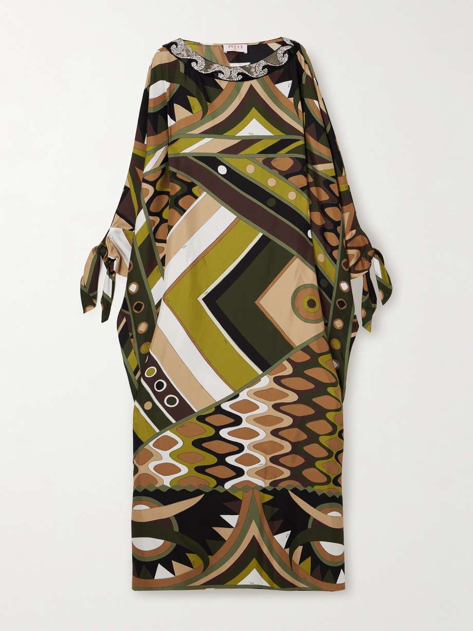 bead-embellished printed silk-twill kaftan