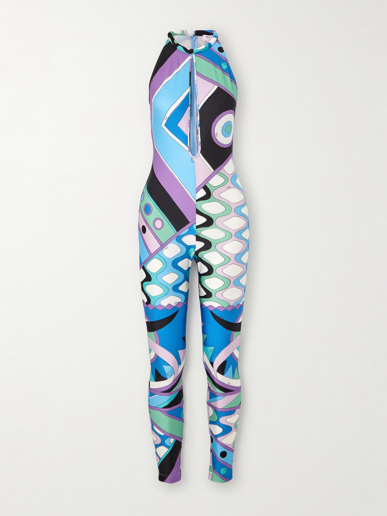 Shop Pucci Cutout Printed Jersey Jumpsuit In Blue