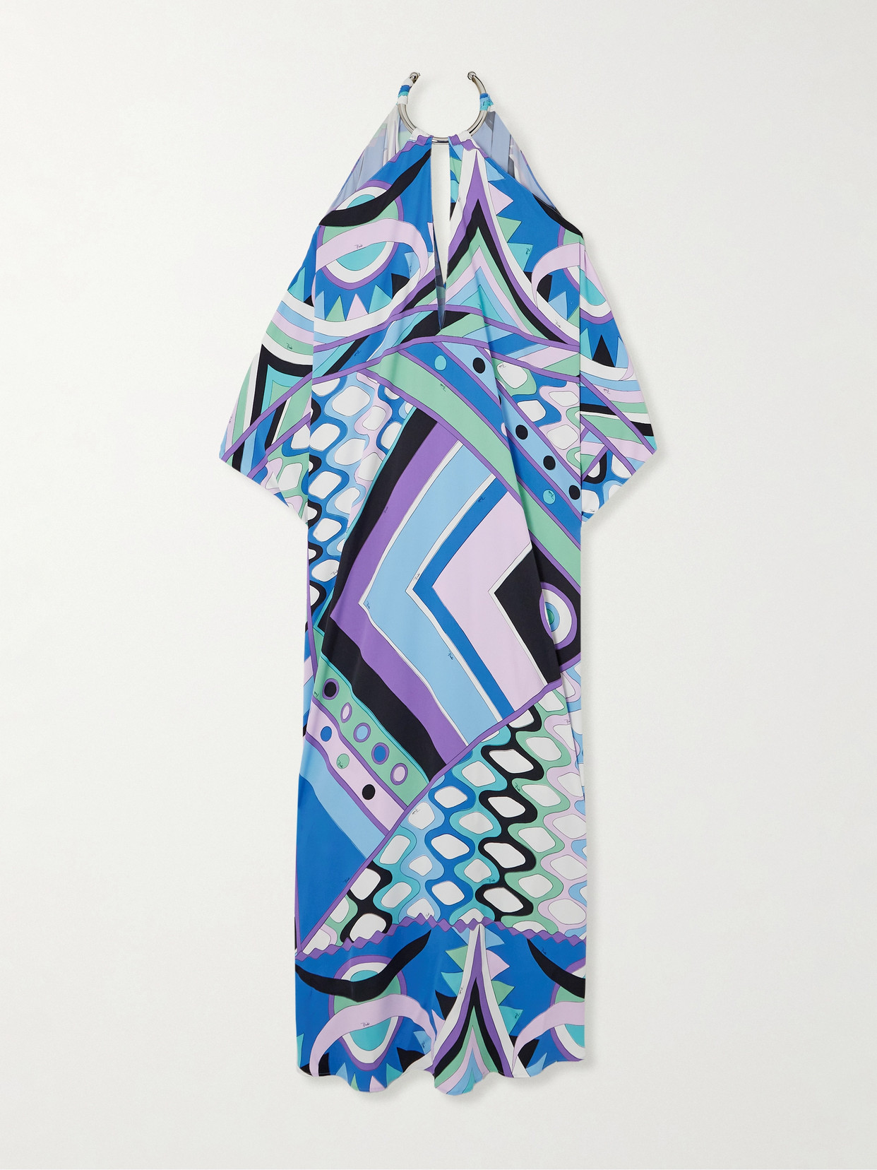 Pucci Cold-shoulder Embellished Printed Satin Maxi Dress In Blue