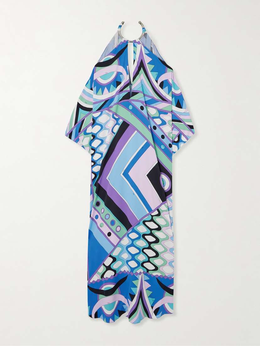 PUCCI Cold-shoulder Embellished Printed Satin Maxi Dress