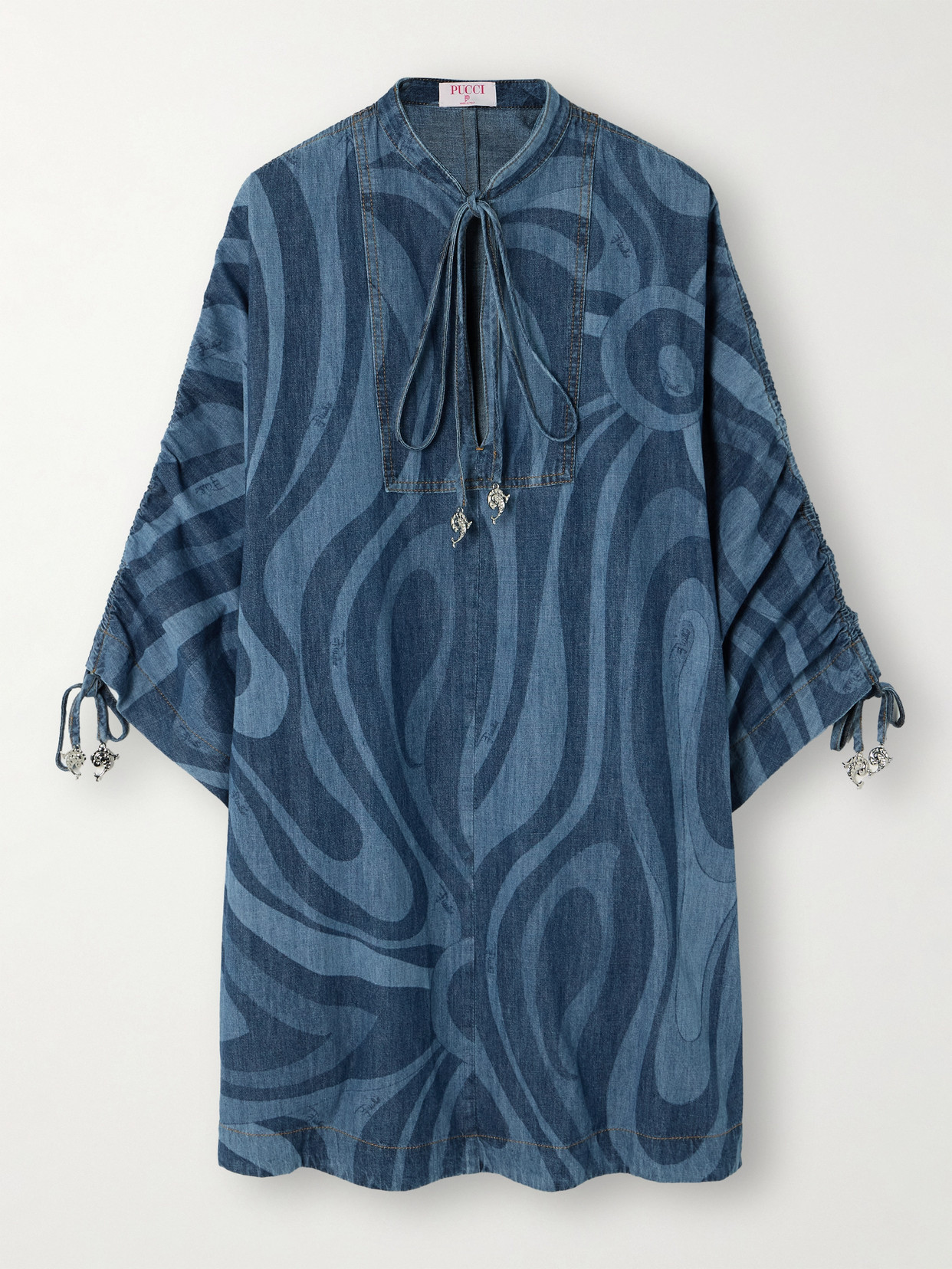 Pucci Embellished Ruched Printed Denim Coverup In Blue