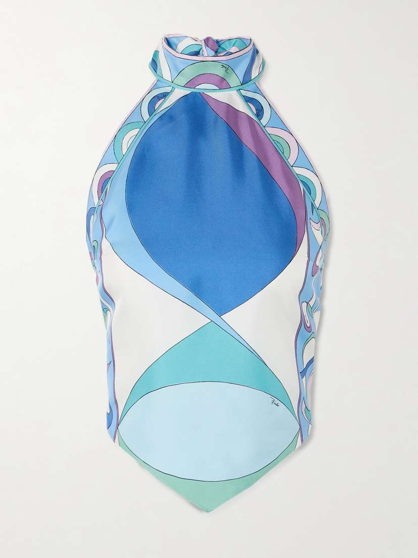 PUCCI Pesci Cropped Open-back Printed Silk-twill Halterneck Top