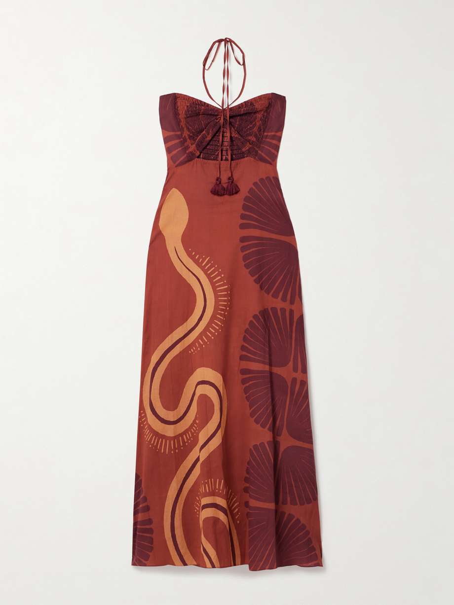 mother of all waters cutout shirred printed cotton-voile halterneck maxi dress