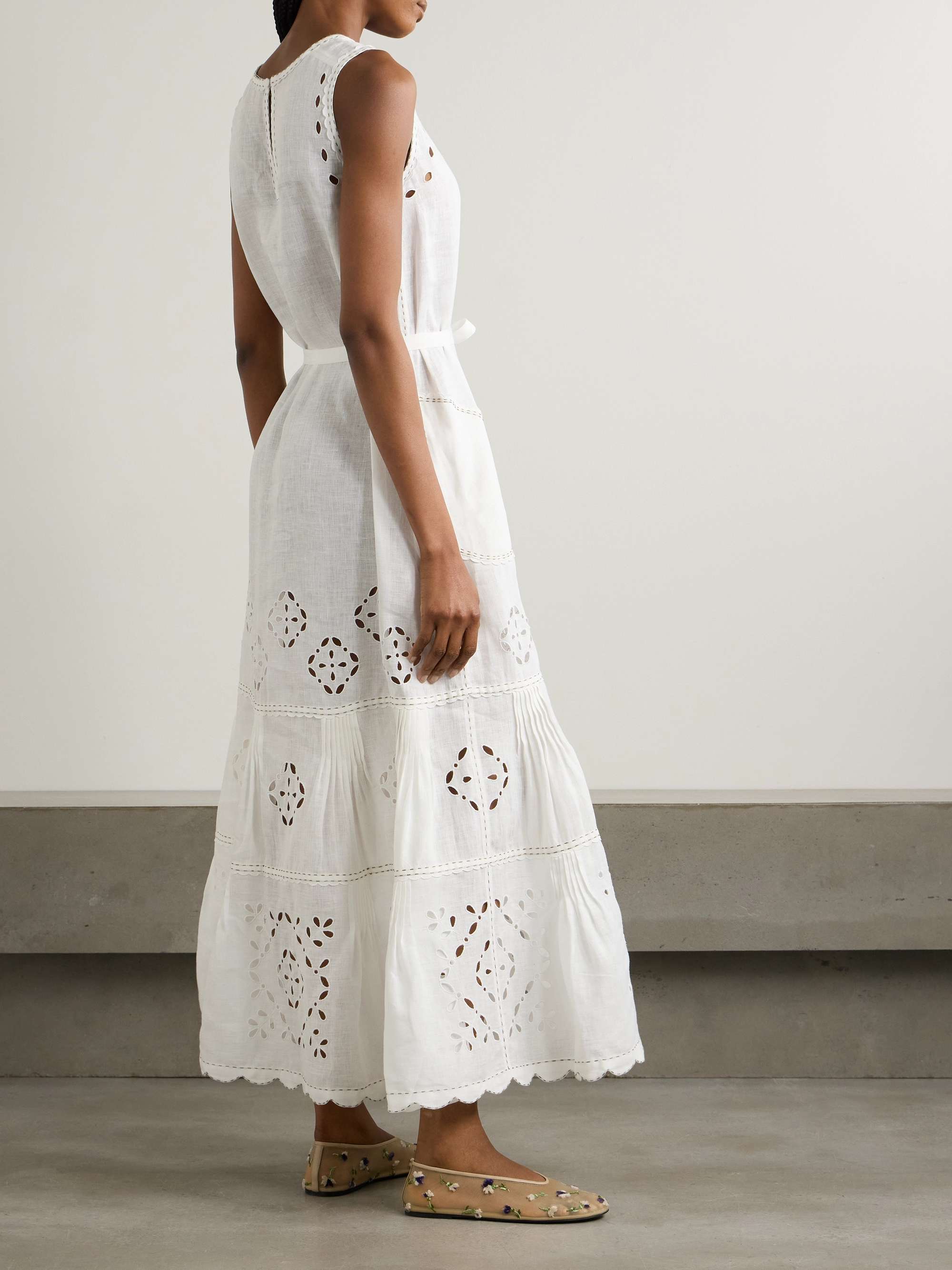 VITA KIN Karry belted tiered embroidered broderie anglaise linen maxi ...