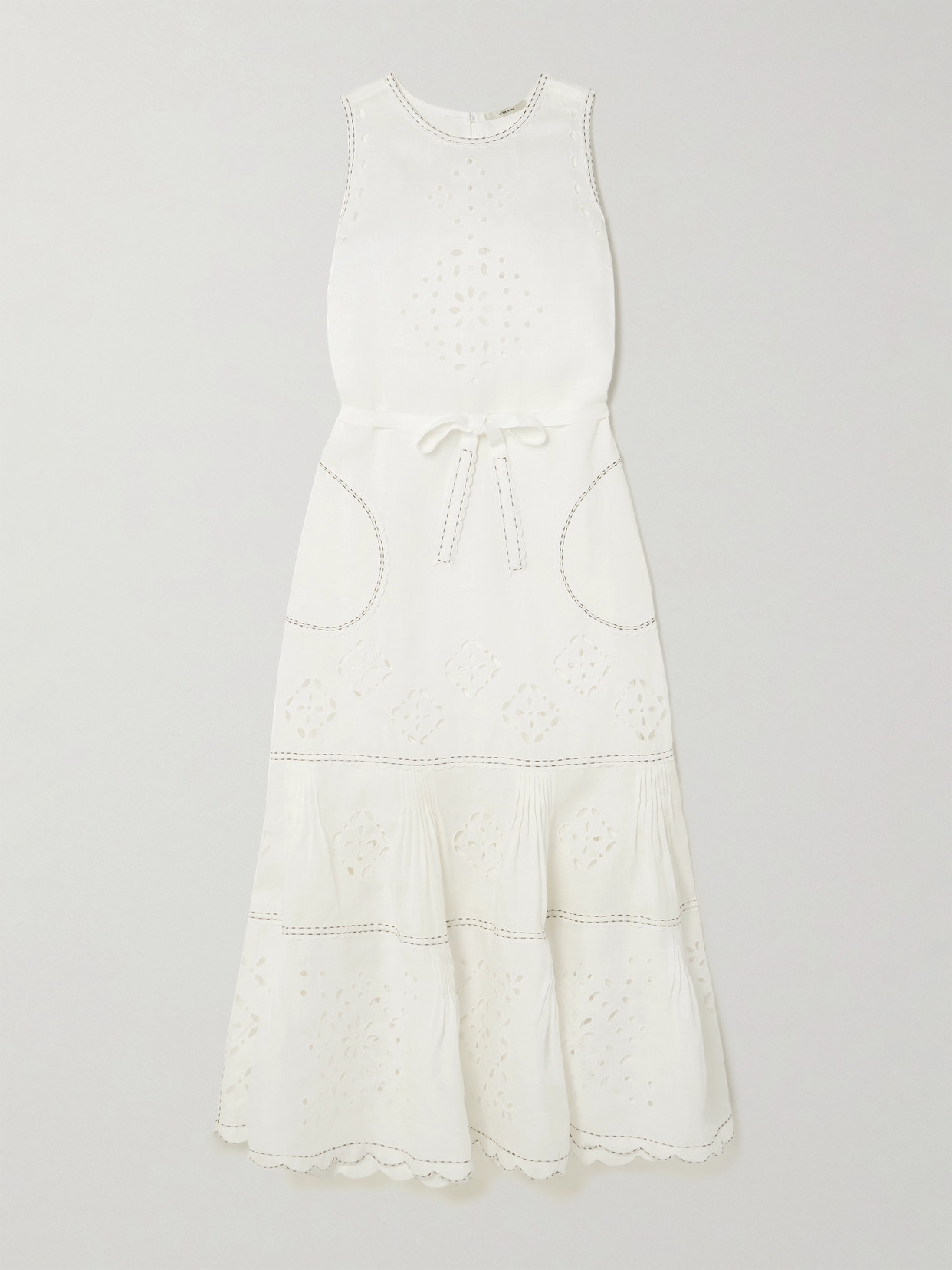 Vita Kin Karry Belted Tiered Embroidered Broderie Anglaise Linen Maxi Dress In White