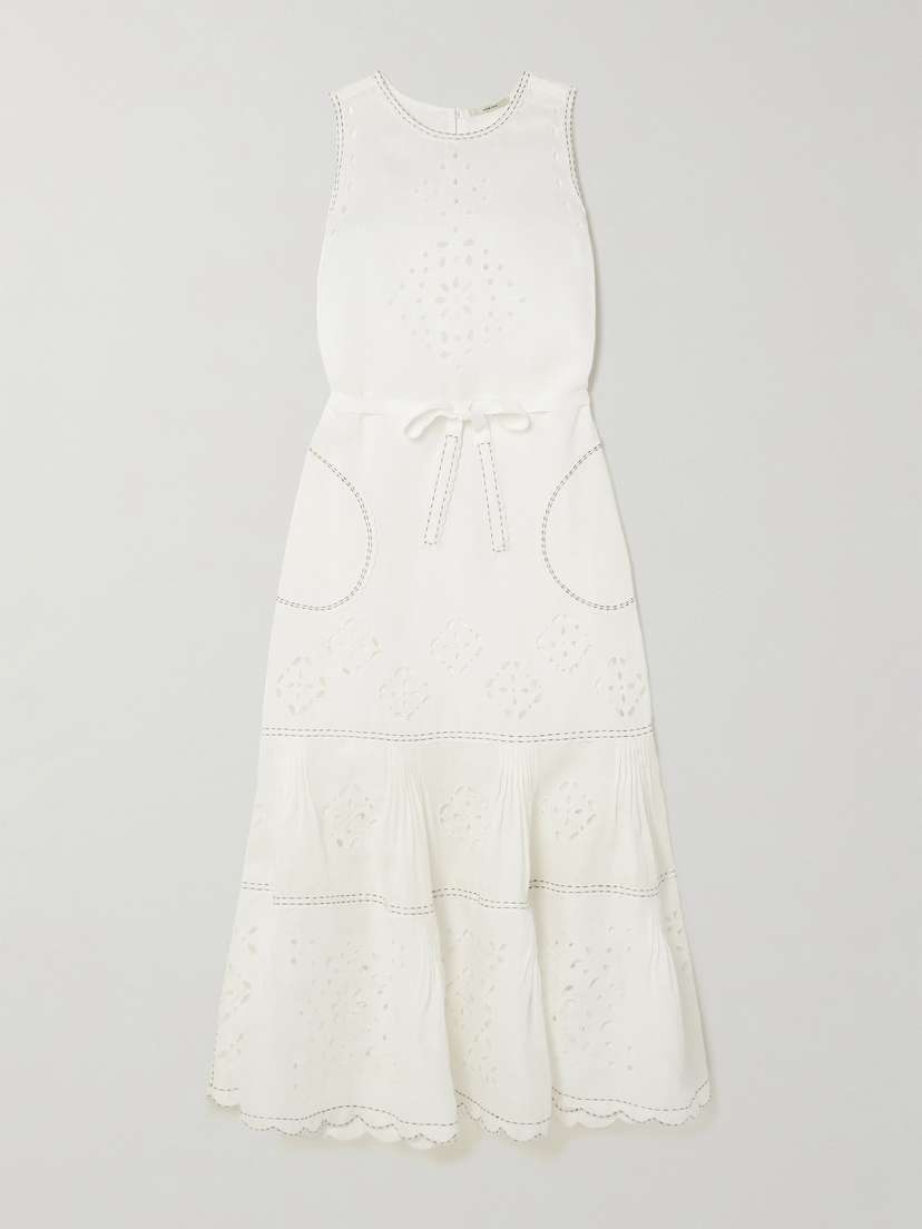 Vita Kin Karry Belted Tiered Ebroidered Broderie Anglaise Linen axi Dress
