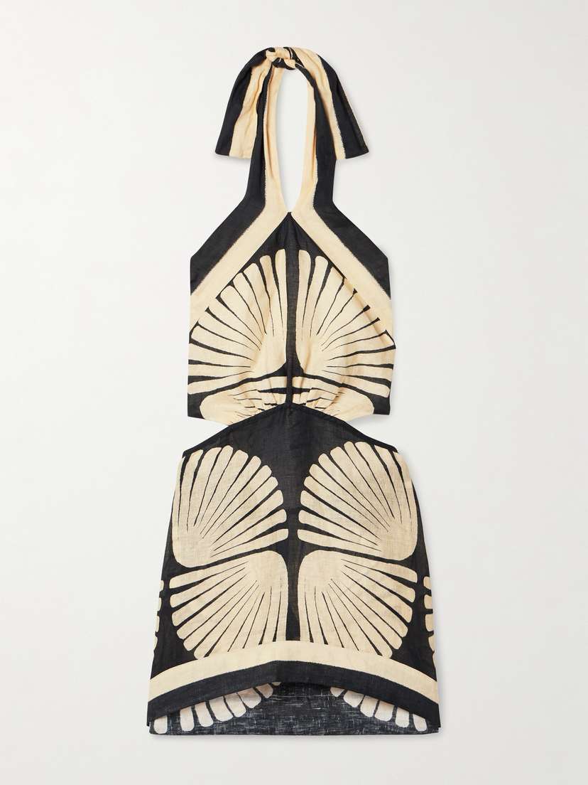 Johanna Ortiz River Ritual Cutout Printed Linen Halterneck Mini Dress