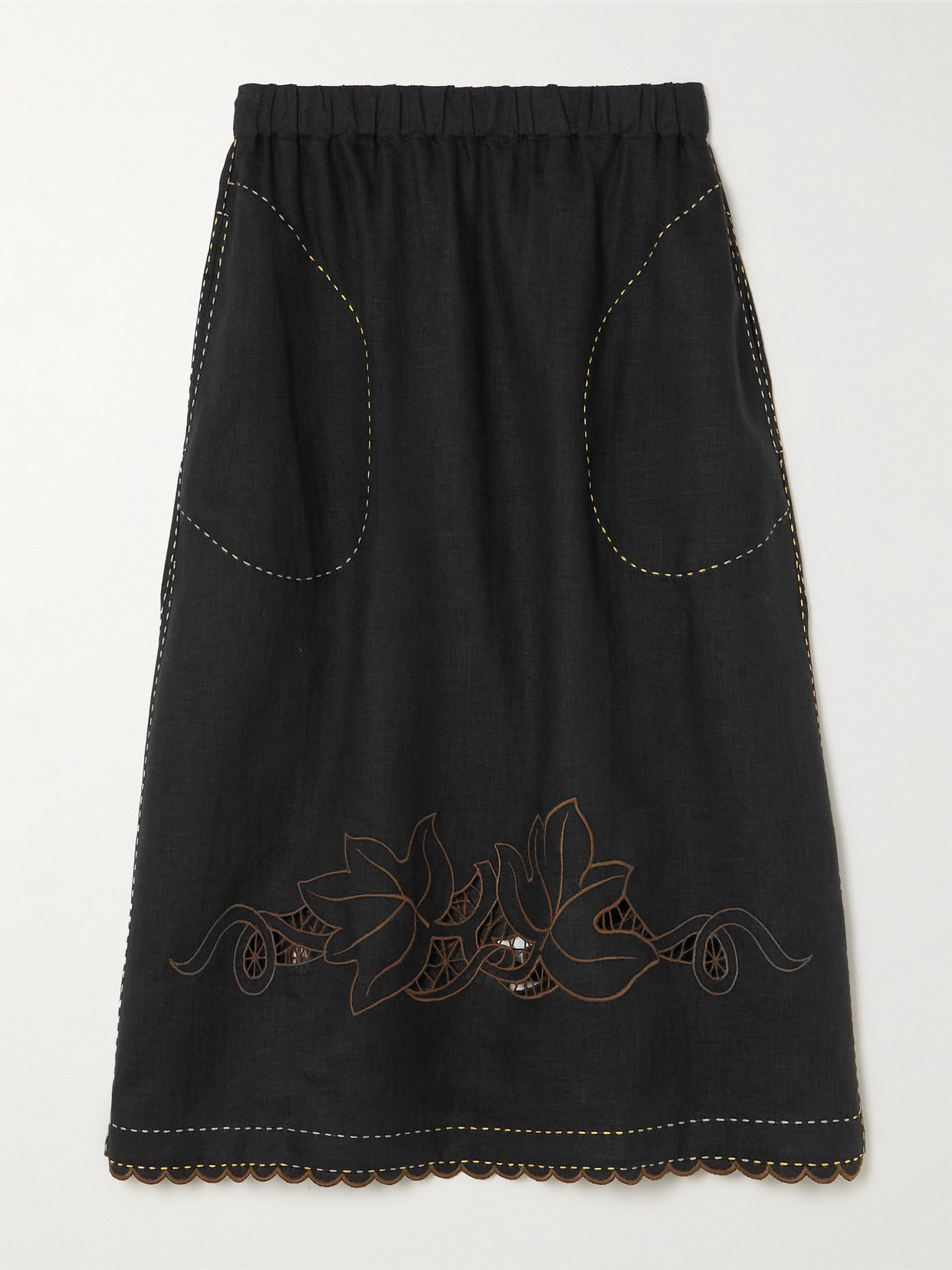 Vita Kin Stella Embroidered Broderie Anglaise Linen Midi Skirt In Black