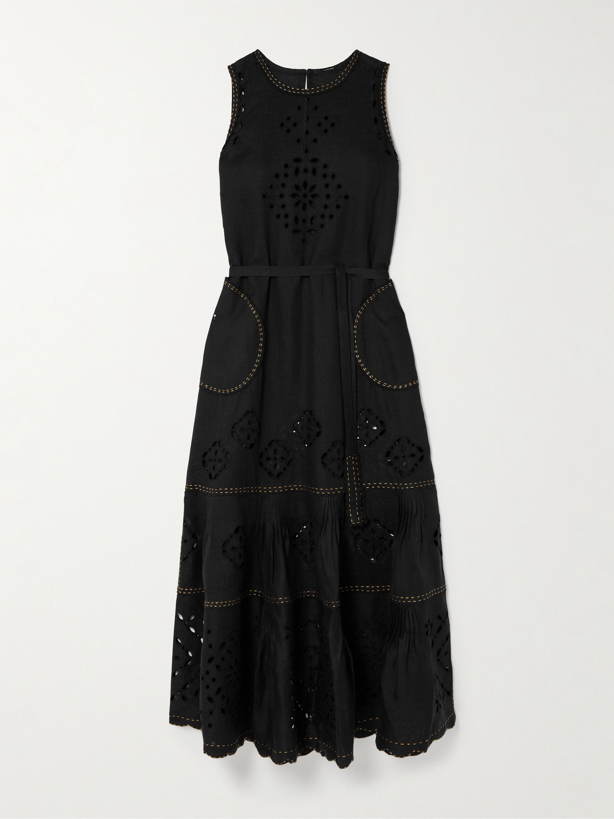 Vita Kin Karry Belted Tiered Embroidered Broderie Anglaise Linen Maxi Dress In Black