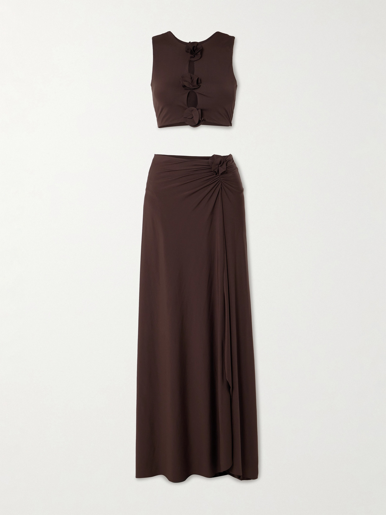 Maygel Coronel - + Net Sustain Oikos Appliquéd Cropped Stretch-jersey Top And Maxi Skirt Set - Brown