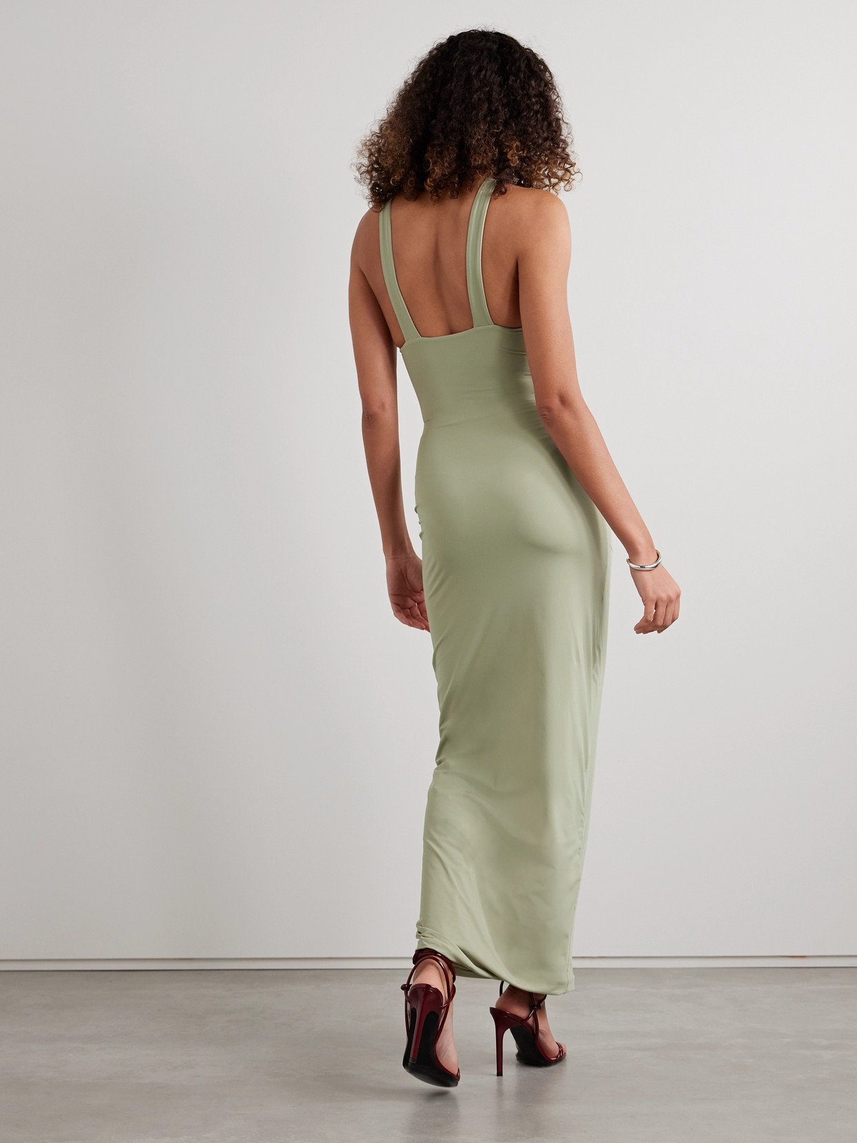 Maygel Coronel Alquima Appliquéd Ruched Stretch-jersey Midi Dress In Green