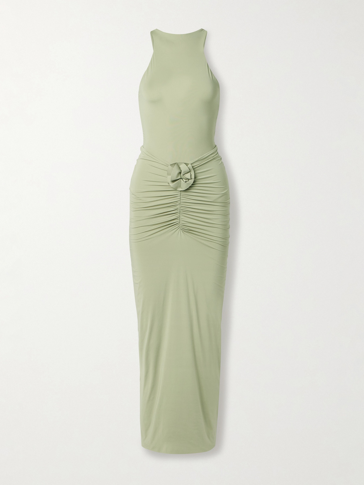 Maygel Coronel Alquima Appliquéd Ruched Stretch-jersey Midi Dress In Green