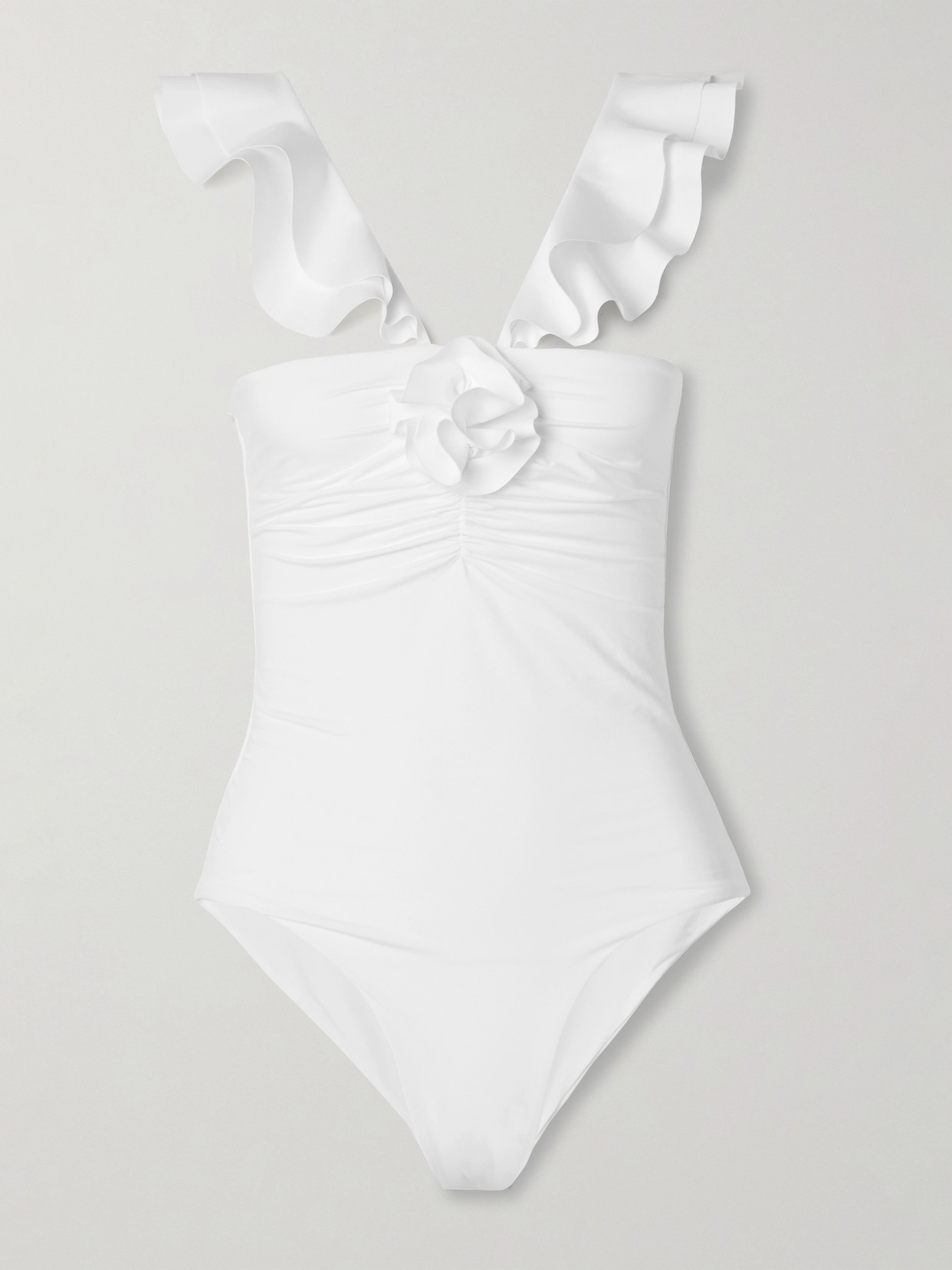 Maygel Coronel - Erini Ruffled Appliquéd Ruched Swimsuit - White