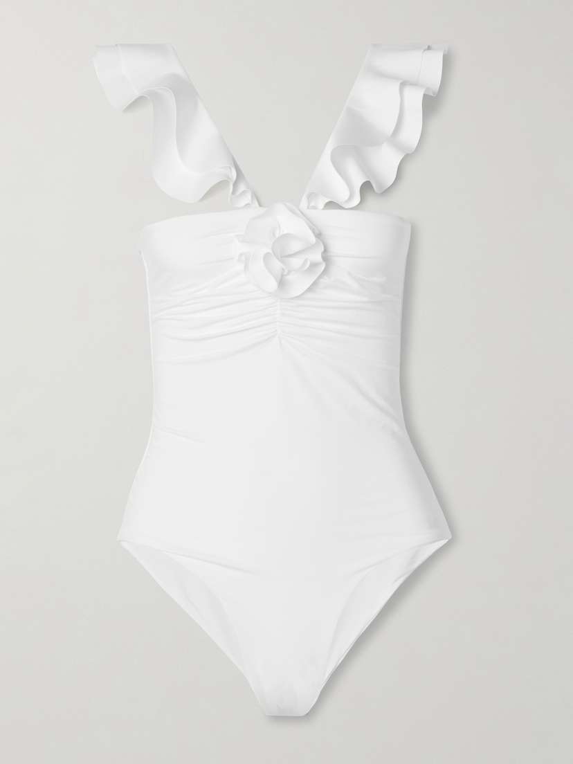 Maygel Coronel Erini Ruffled Appliquéd Ruched Swimsuit