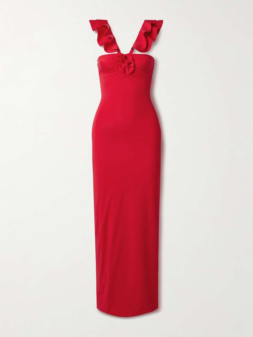 Maygel Coronel Sortilegio Appliquéd Ruffled Stretch-jersey Maxi Dress