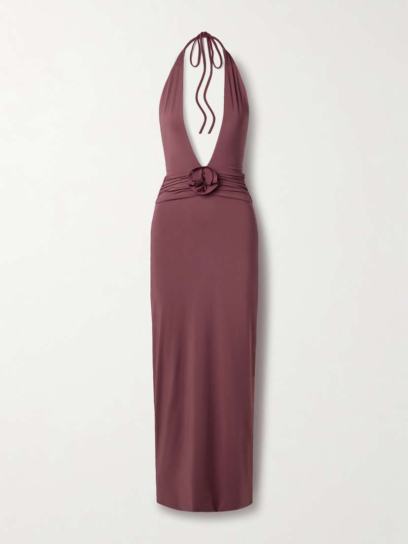 Maygel Coronel Lirio Appliquéd Ruched Stretch-jersey Halterneck Maxi Dress