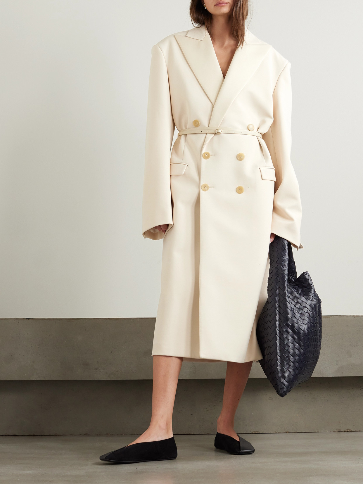 Shop Carven Double-breasted Satin-trimmed Crepe Coat In Off-white