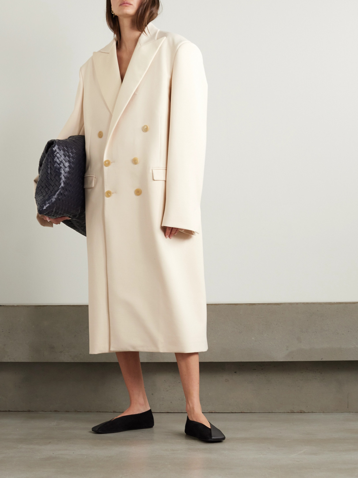 Carven Double-breasted Satin-trimmed Crepe Coat In Off-white
