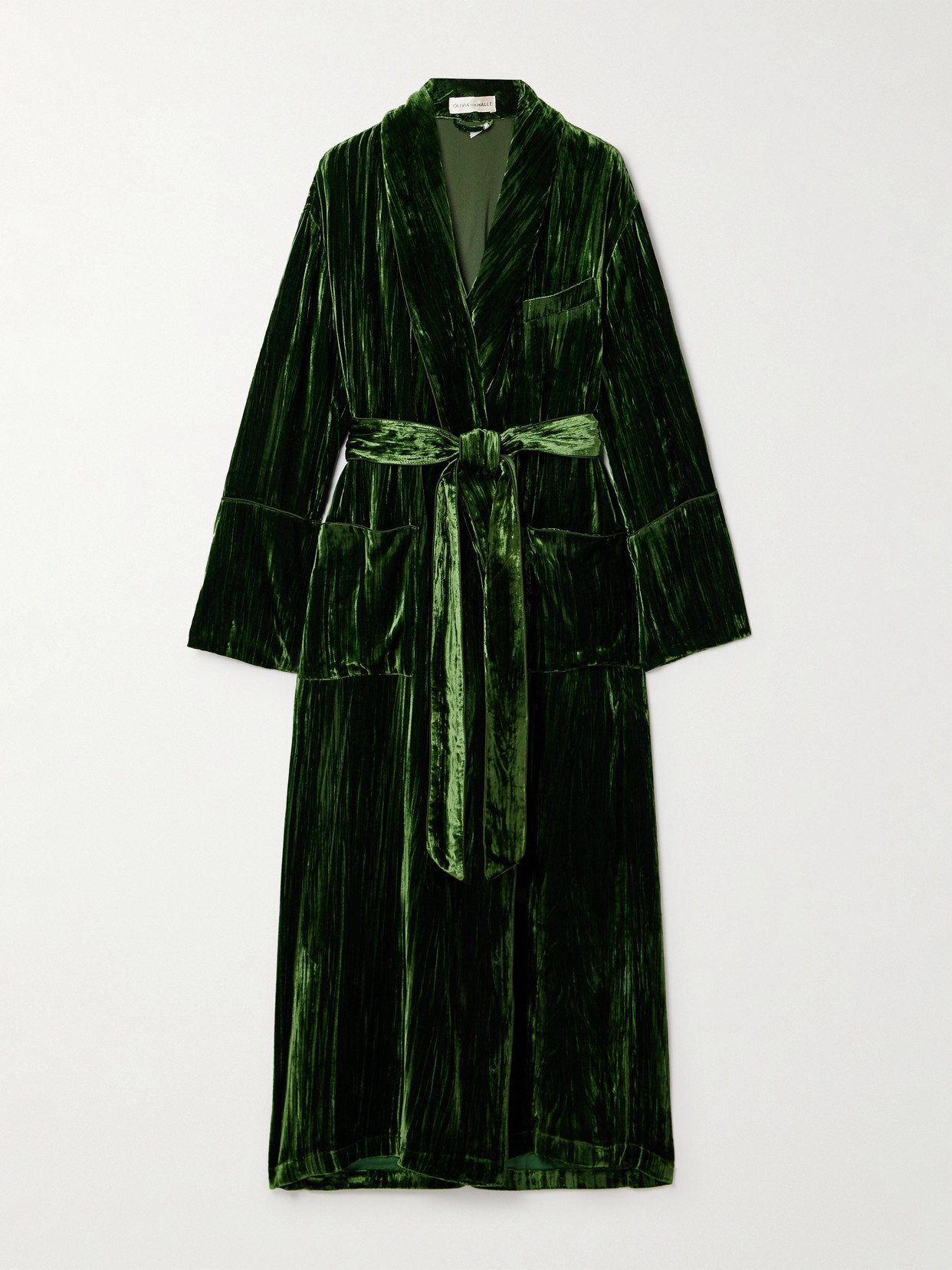 Shop Olivia Von Halle Capability Belted Crushed-velvet Robe In Green