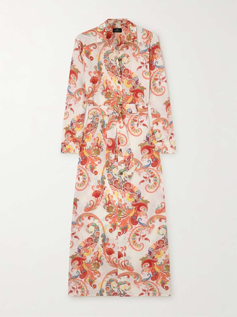 Etro Belted Striped Printed Cotton And Silk-blend Poplin Midi Shirt Dress