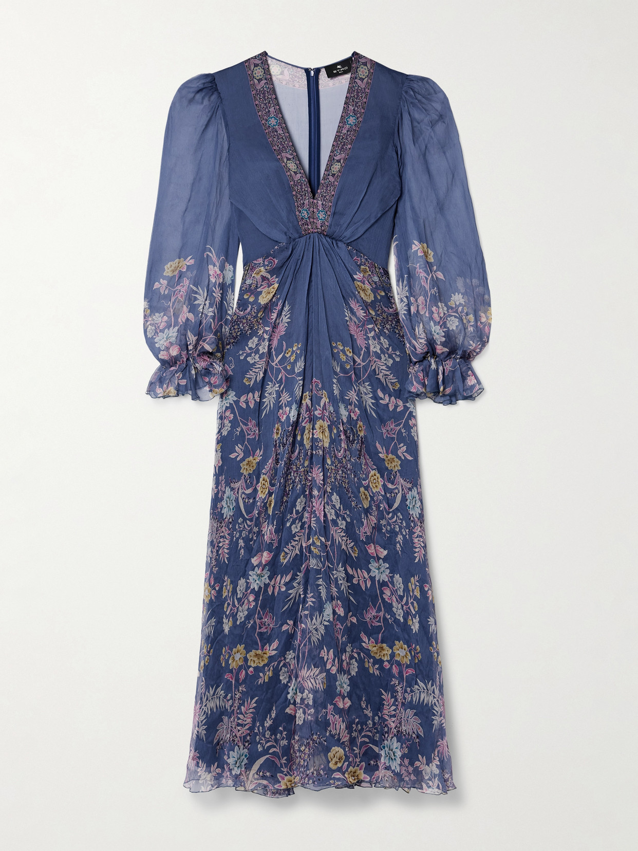 Etro Draped Floral-print Silk-crepon Maxi Dress In Blue