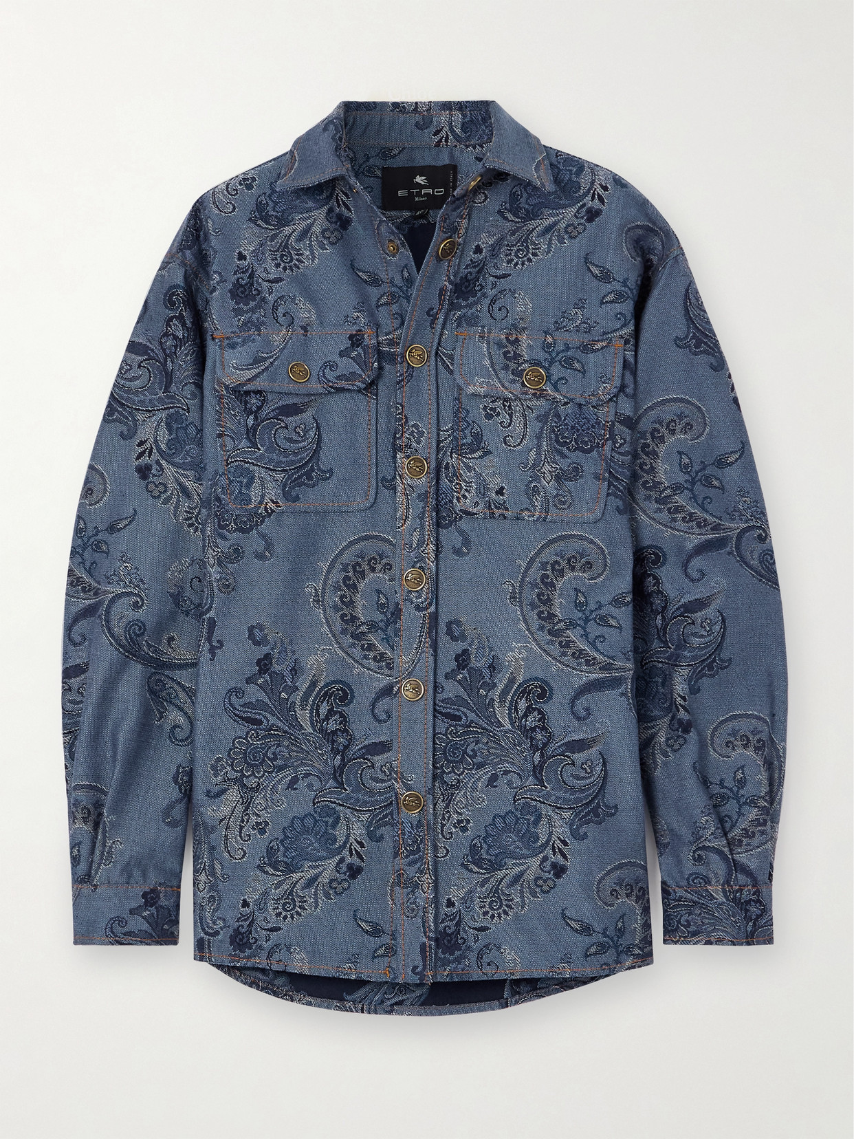 Etro Embroidered Denim Shirt In Blue