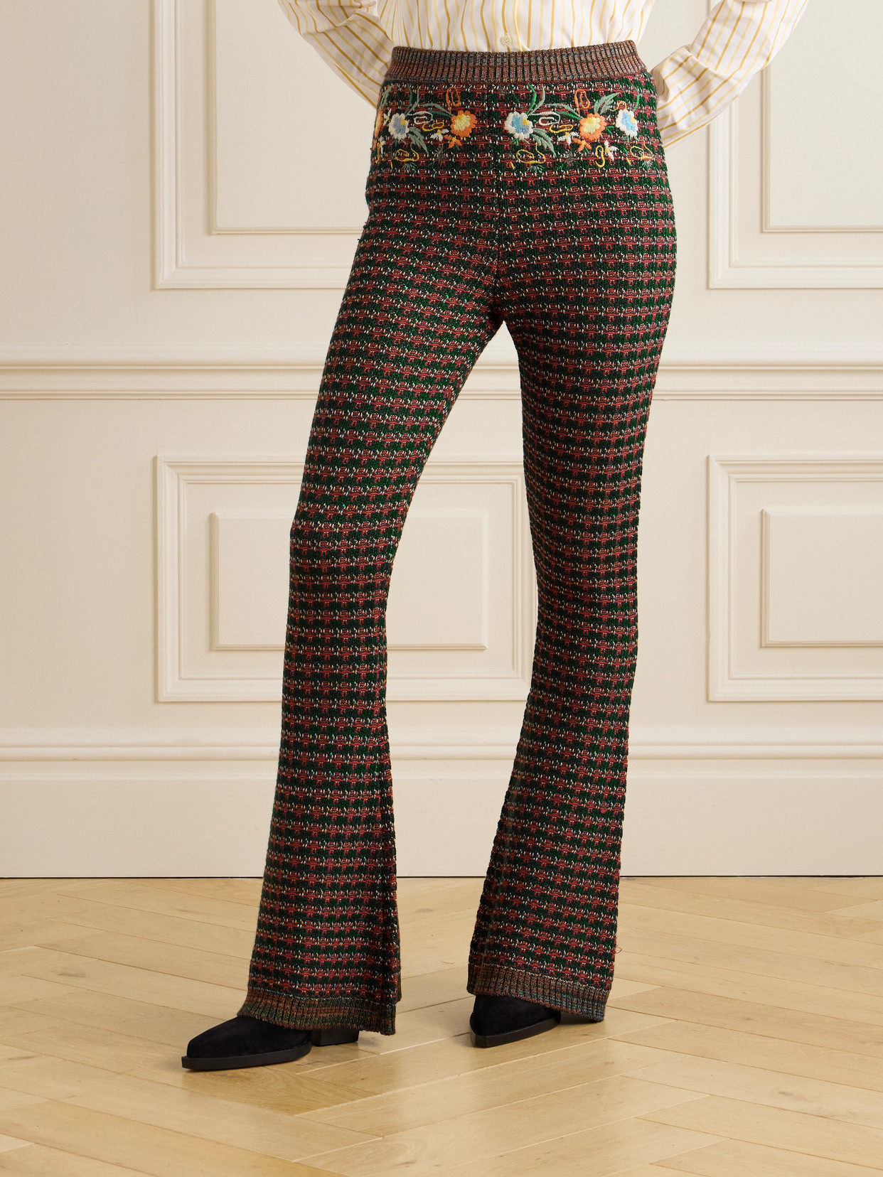 Etro Embroidered Jacquard-knit Bootcut Pants In Brown