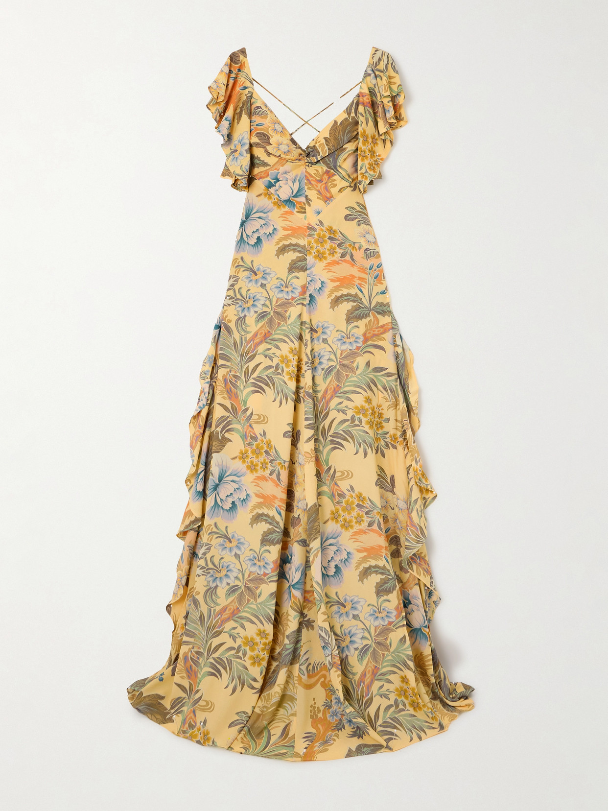 Etro Ruffled, Open-back Floral-print Crepe Maxi Dress In Yellow