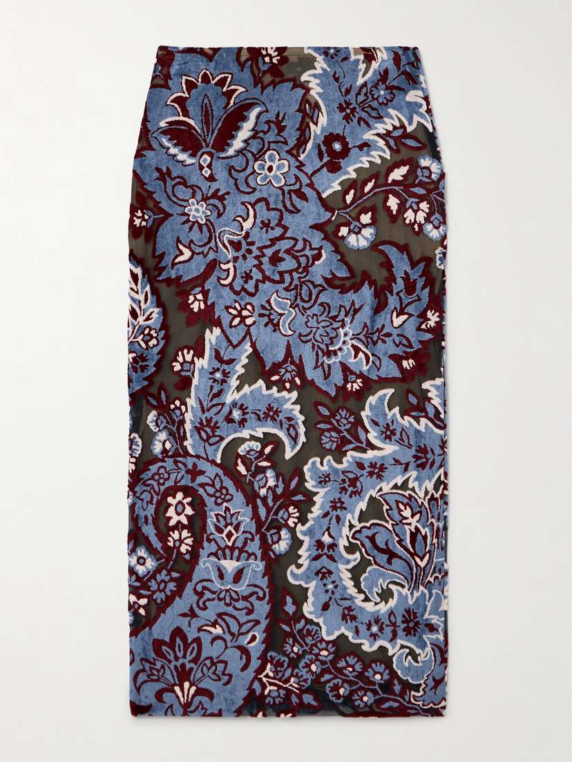 Etro Tulle-trimmed Paisley-print Velvet Midi Skirt