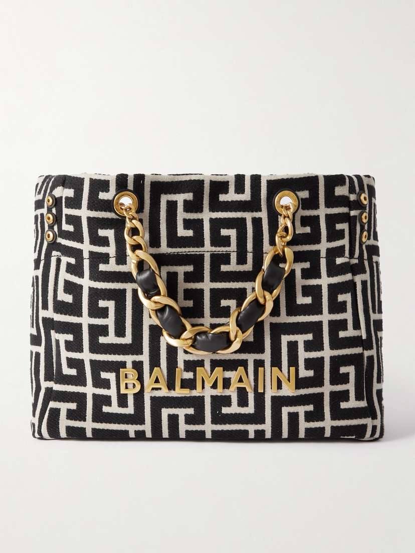 Balmain 1945 Embellished Leather-trimmed Cotton-blend Jacquard Tote