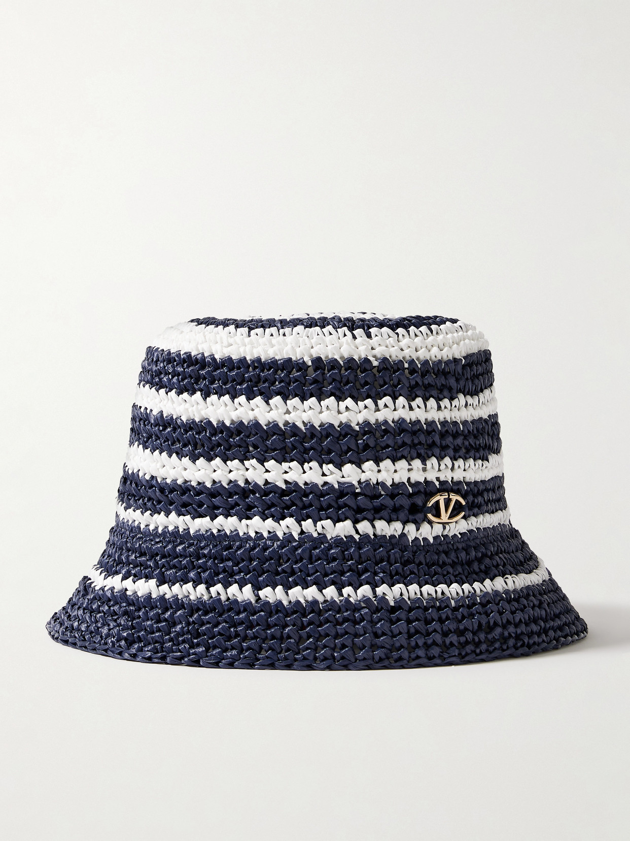 Valentino Garavani Vlogo The Bold Striped Crocheted Faux Raffia Bucket Hat In Blue