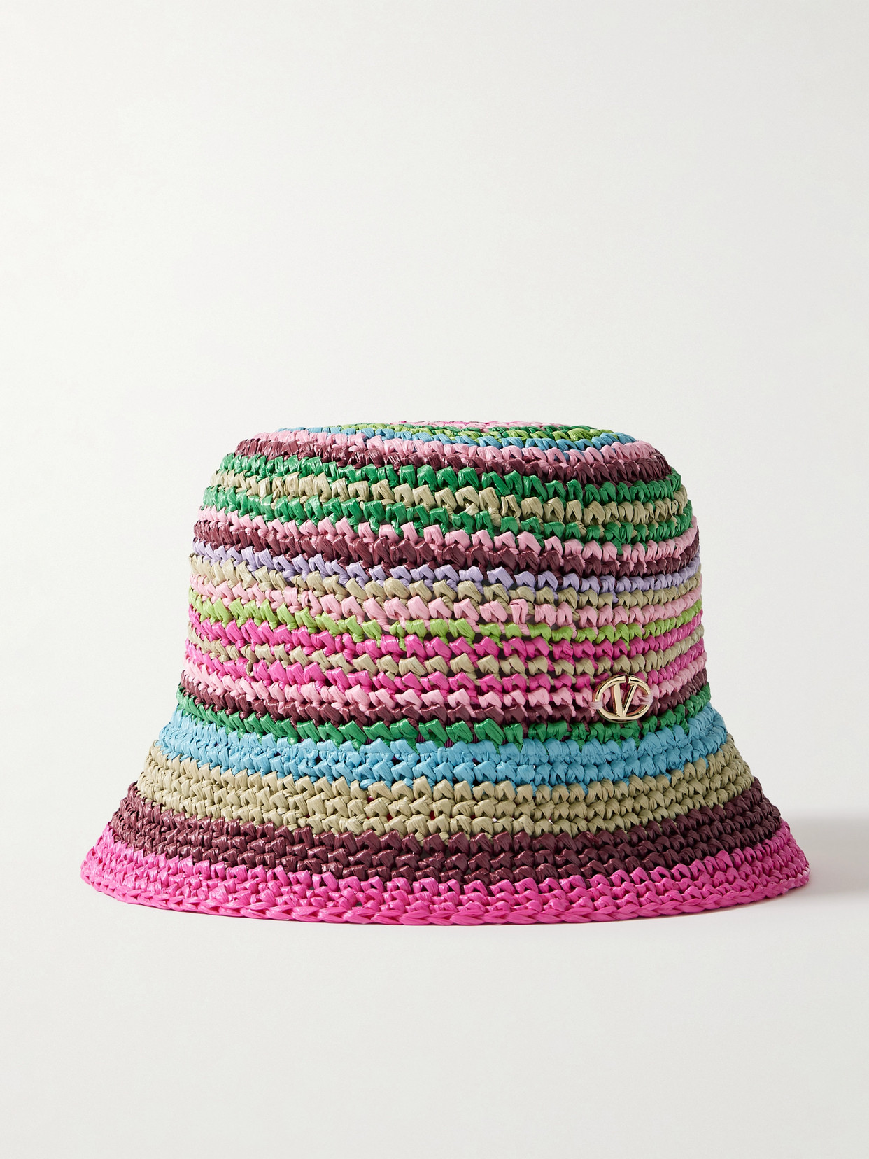 Shop Valentino Vlogo The Bold Striped Crocheted Faux Raffia Bucket Hat In Pink