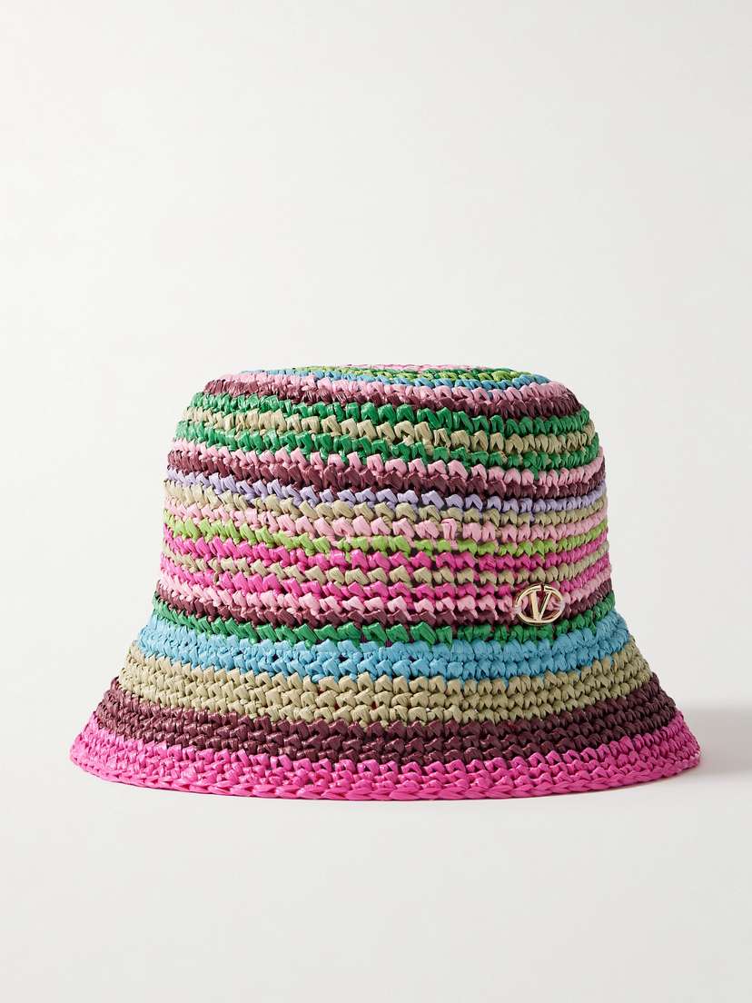 Valentino Garavani Vlogo The Bold triped Crocheted Faux Raffia Bucket Hat