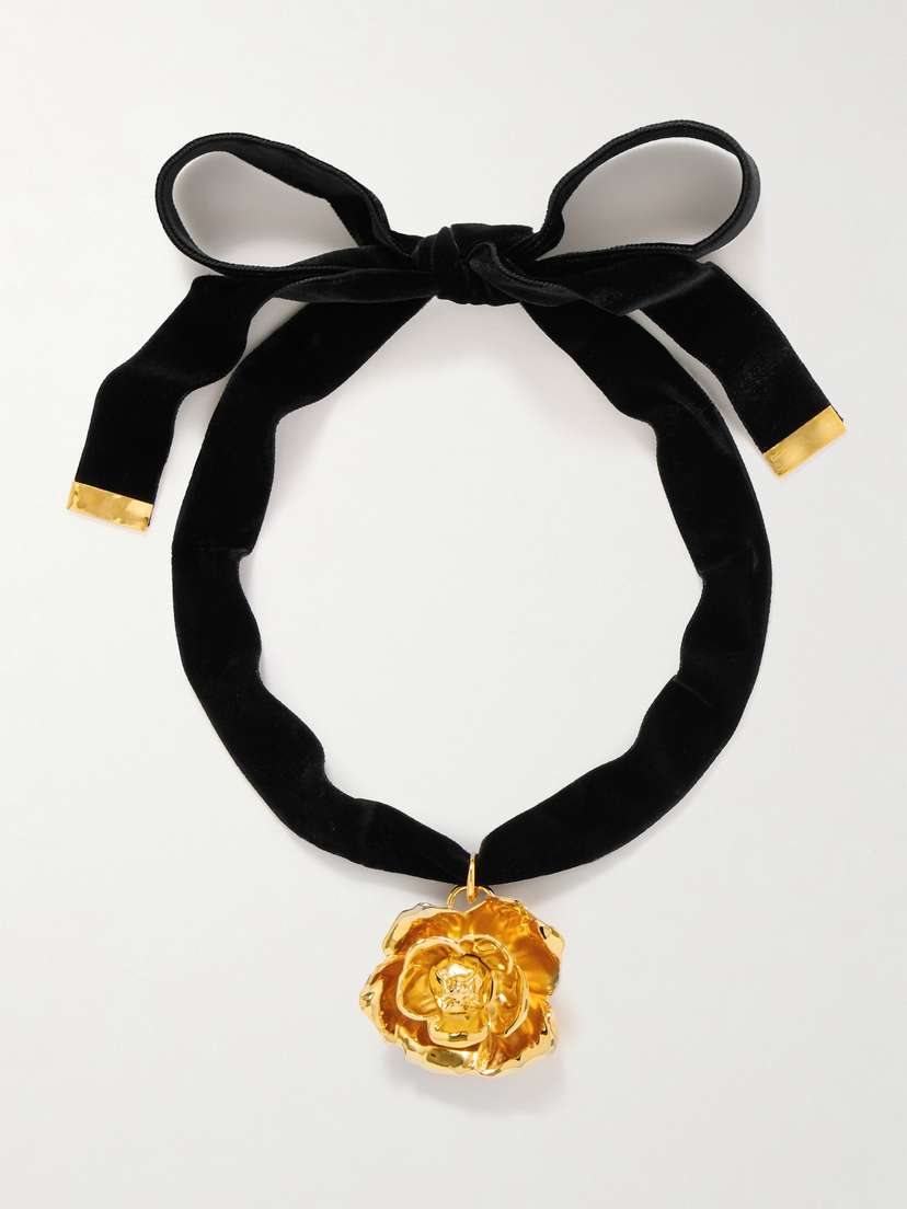 Oscar de la Renta Gardenia Velvet And Gold-tone Necklace
